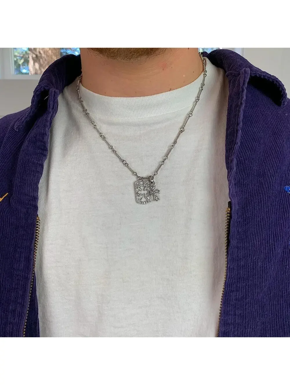Y2K Cyber Grunge Silver Cross Rhinestone Dog Tag Style Pendant Necklace
